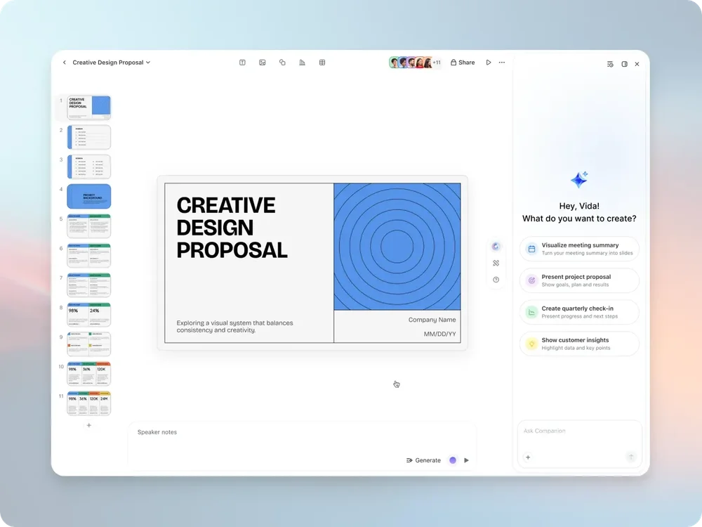 Zoom Slides editor displaying a Creative Design Proposal deck, slide thumbnail rail, speaker-notes area, and AI companion panel.