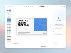 Zoom Slides editor displaying a Creative Design Proposal deck, slide thumbnail rail, speaker-notes area, and AI companion panel.