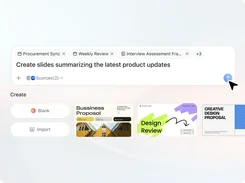 Zoom Slides creation screen with source tabs and a prompt reading “Create slides summarizing the latest product updates,” above template choices.
