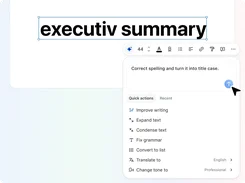 Zoom Slides editing canvas with selected text reading “executiv summary” and an AI quick-actions panel for improving writing, grammar, translation, and tone.