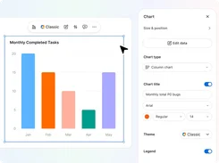 Zoom Slides chart editor showing a monthly completed tasks column chart and a settings panel for chart type, title, font, theme, and legend.