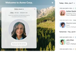 Zoom Visitor Management check-in screen with facial verification over a landscape image and a panel listing scheduled visitors and statuses.