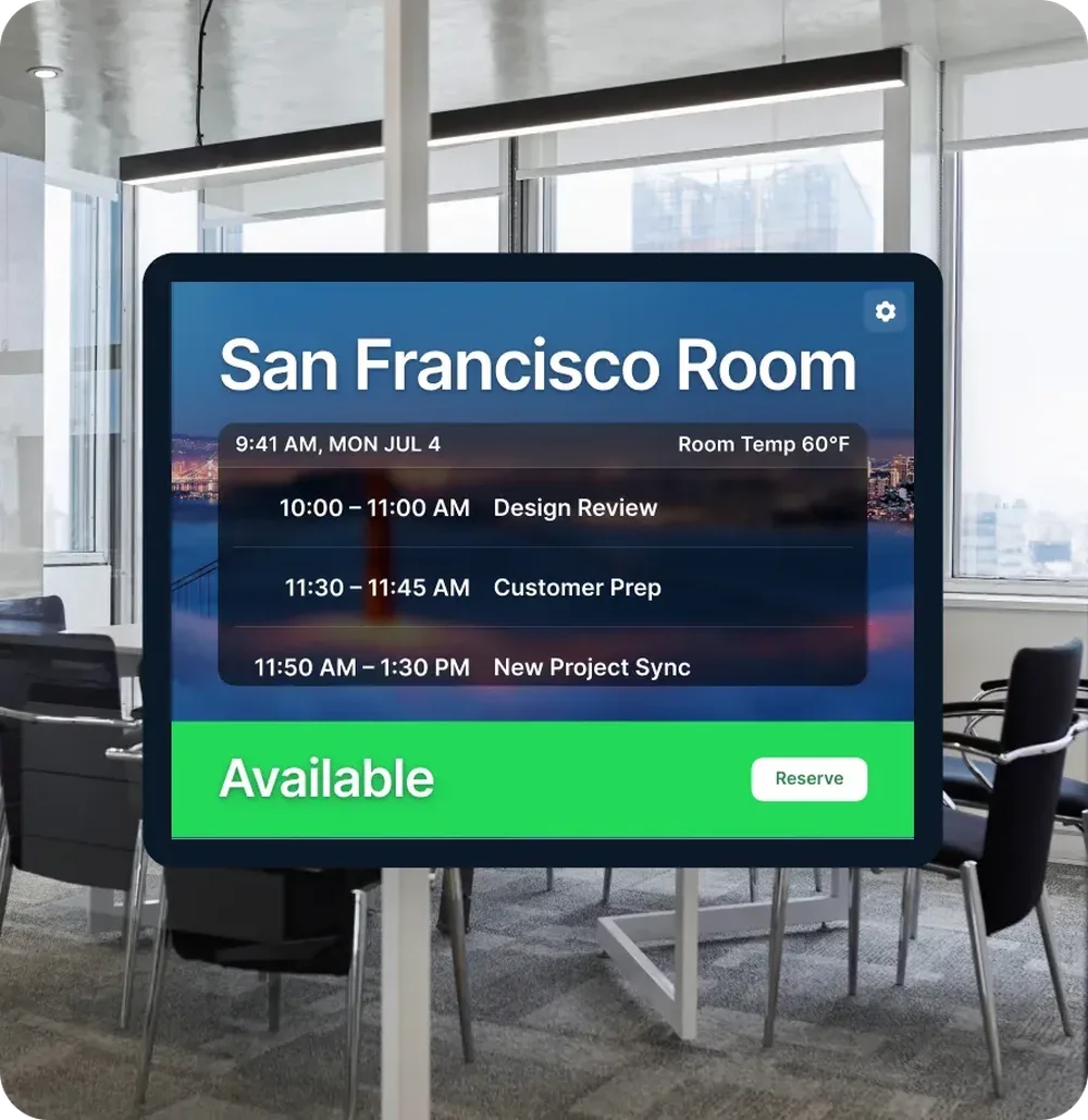 Room scheduling display titled San Francisco Room showing upcoming meetings, room temperature, availability, and a Reserve button.
