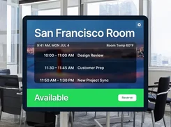 Room scheduling display titled San Francisco Room showing upcoming meetings, room temperature, availability, and a Reserve button.