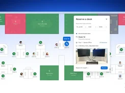Workspace floor plan with desk availability markers and a Reserve a desk dialog for Desk 14, including reservation times, amenities, and a desk photo.