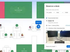 Workspace floor plan with available and busy rooms, desk markers, and a Reserve a desk dialog for Desk 14.