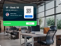 Desk display interface for 1F - Desk 18 showing a reservation, QR-code check-in option, availability status, and Reserve button over an office background.