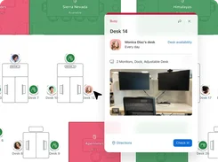 Workspace floor plan with a details panel for busy Desk 14, listing its assigned user, equipment, desk photo, directions, and check-in button.