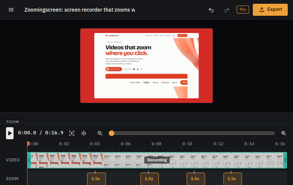 Zoomingscreen editor showing a video preview of a website, playback controls, a timeline labeled Video, and zoom segments labeled 1.5x, with Export controls in the header.
