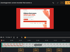 Zoomingscreen editor showing a video preview of a website, playback controls, a timeline labeled Video, and zoom segments labeled 1.5x, with Export controls in the header.