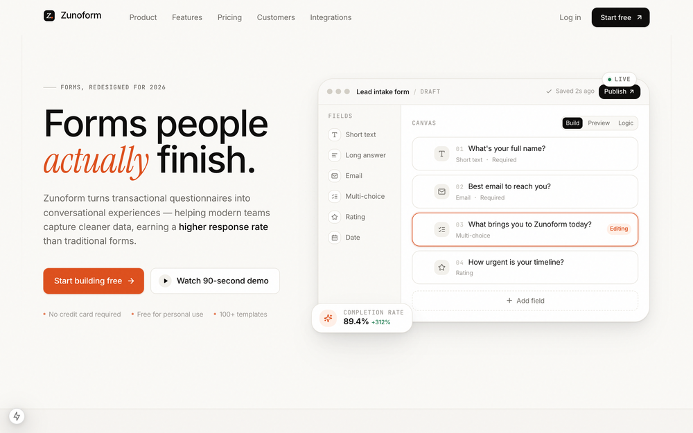 Zunoform homepage — conversational form builder with free plan of 500 responses