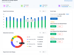 Monitor payroll activity from one dashboard with an overview of active employees, terminated employees, new joiners, estimated upcoming pay, payroll costs, and deduction summaries.