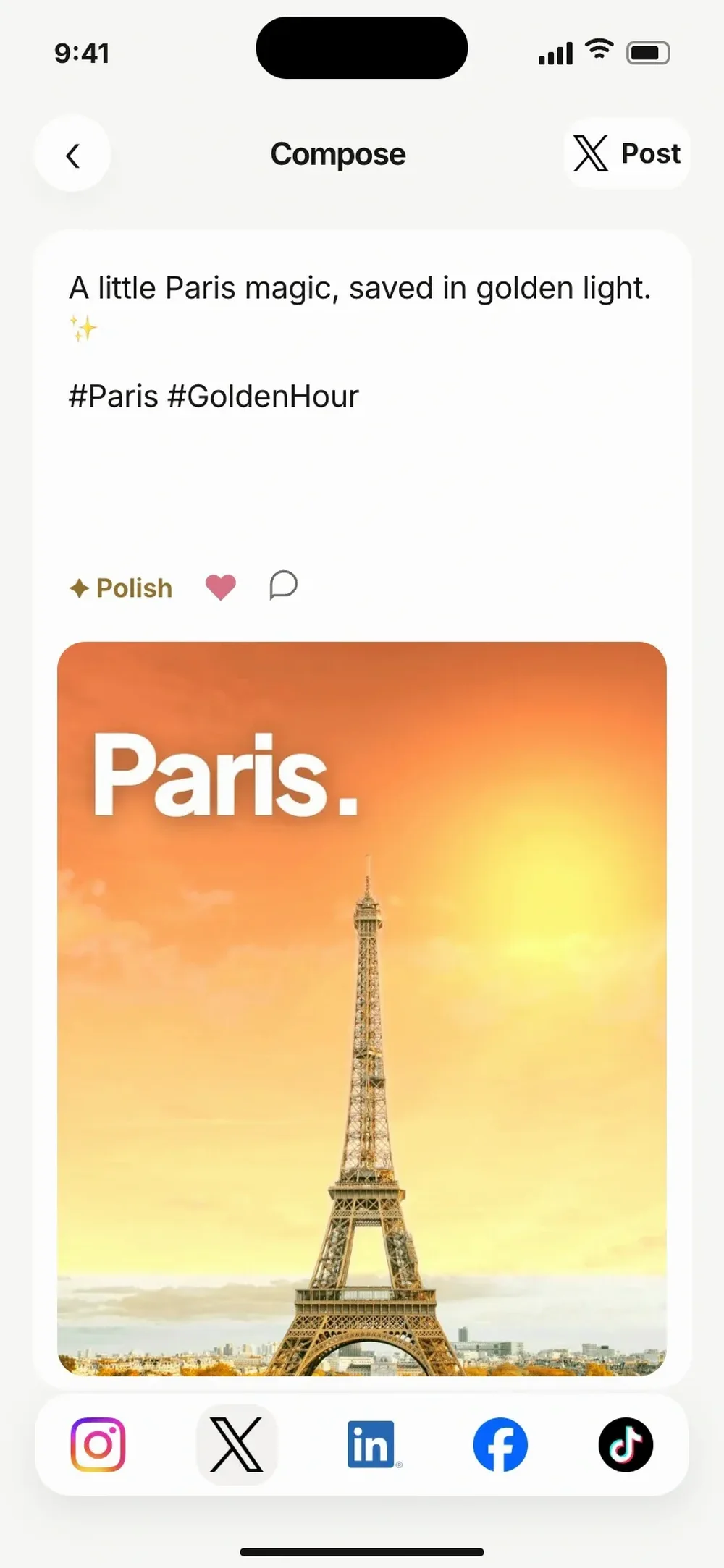 Zup compose screen with a caption, post image, polish control, and social network selectors.