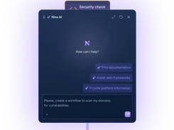 Dark Nina AI chat panel with suggested actions and a request to create a vulnerability-scanning workflow.