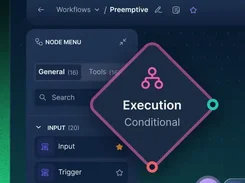 Zynap workflow editor showing a node menu and an "Execution" conditional node on a dotted canvas.