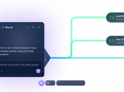 Workflow graphic with a Malware-file input, Nina AI panel, scripting-agent nodes, and malware API nodes.
