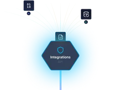 Integrations API hexagon connected to document, binary, and database symbols.
