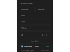 Dark Zypto mobile payment form titled “Make a Payment,” with fields for account number, name, phone, email, address, amount, fees, and Zypto Points.