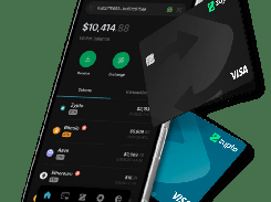 Zypto mobile wallet interface shown on a phone mockup with token balances, receive and exchange controls, and two Zypto Visa cards.